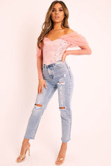 Pink Rose Print Mesh Sleeve Corset Top - Evyanna