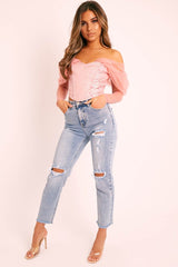 Mid Blue Distressed Knee Boyfriend Jeans - Pia