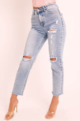Mid Blue Distressed Knee Boyfriend Jeans - Pia