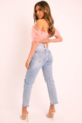 Mid Blue Distressed Knee Boyfriend Jeans - Pia