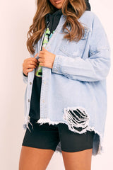 Light Blue Distressed Denim Oversized Shirt - Deena