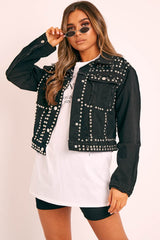 Black Silver Stud Detail Denim Jacket - Cherry