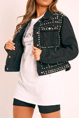 Black Silver Stud Detail Denim Jacket - Cherry