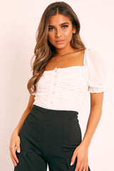White Ruffle Pearl Button Crop Top - Stefani