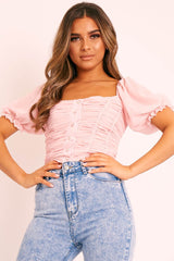 Pink Ruffle Pearl Button Crop Top - Stefani
