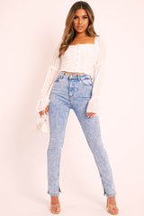 White Ruffle Pearl Button Long Sleeve Crop Top - Demi
