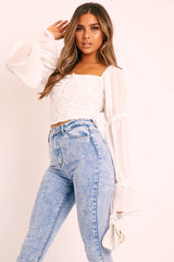 White Ruffle Pearl Button Long Sleeve Crop Top - Demi