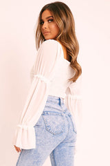 White Ruffle Pearl Button Long Sleeve Crop Top - Demi