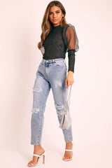 Black Metallic Puff Sleeve High Neck Top - Blaike