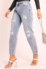 Blue Ripped Silver Diamante Embellished Boyfriend Jeans - Naina