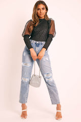 Blue Ripped Silver Diamante Embellished Boyfriend Jeans - Naina