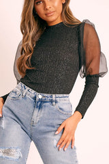 Black Metallic Puff Sleeve High Neck Top - Blaike