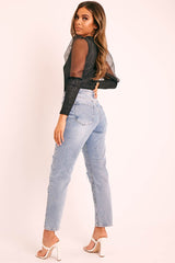 Blue Ripped Silver Diamante Embellished Boyfriend Jeans - Naina