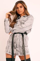 Grey Distressed Long Sleeve Denim Shirt Dress - Jacia