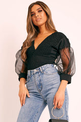 Black Shirred Plunge Crop Top - Reina