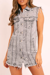 Grey Wash Distressed Sleeveless Denim Shirt Dress - Idaliz