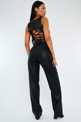 Black Pleated Straight Leg PU Leather Trousers - Jaymi