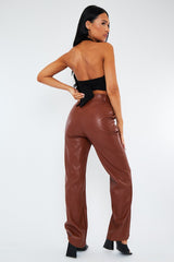 Camel Straight Leg PU Leather Trousers - Moxxi