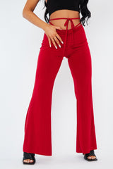 Red Ruched Front Tie Waist Slinky Trousers - Hava