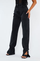 Charcoal Denim Straight Leg Side Split Jeans - Tashi