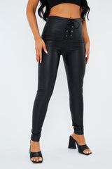 Black PU Leather Lace Up Front Leggings - Krina