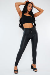 Black PU Leather Lace Up Front Leggings - Krina