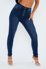 Blue Super Stretch Button Front Skinny Jeans -  Jady