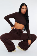 Chocolate Long Sleeve Underbust Crop Top - Tessa
