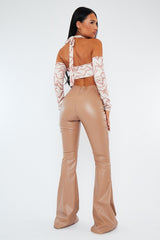 Stone PU Leather Dipped Waist Flare Trousers - Scarlett