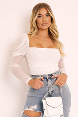 White Ruched Body Mesh Sleeve Bodysuit - Raeya