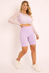 Lilac Fishnet Long Sleeved Crop Top - Bernice