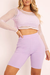 Lilac Fishnet Long Sleeved Crop Top - Bernice
