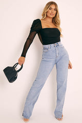 Black Ruched Body Mesh Sleeve Bodysuit - Raeya