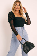 Black Ruched Body Mesh Sleeve Bodysuit - Raeya