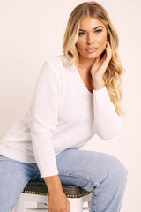White Plunge Neck Knit Jumper - Halie