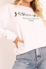 White Parisian Slogan Front Oversized Sweatshirt - Tamy