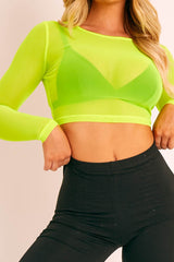 Neon Yellow Mesh Long Sleeve Crop Top - Aaima