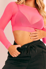 Neon Pink Mesh Long Sleeve Crop Top - Aaima