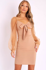 Camel Mesh Sleeves Tie Detail Cut Out Front Dress - Graclynn