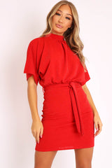 Red Glitter Batwing Sleeve Belted Dress - Florene