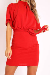 Red Glitter Batwing Sleeve Belted Dress - Florene