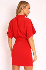 Red Glitter Batwing Sleeve Belted Dress - Florene