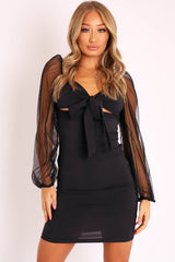 Black Mesh Sleeves Tie Detail Cut Out Front Bodycon Dress - Graclynn