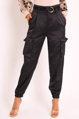 Black Satin Belted Utility Pocket Double Buttoned Trousers - Una