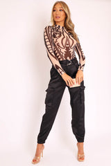 Nude Black Mesh Long Sleeve Patterned Bodysuit - Caci