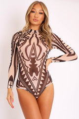 Nude Black Mesh Long Sleeve Patterned Bodysuit - Caci