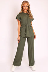 Khaki Ribbed Belted Top and Wide Leg Trouser Co-ord - Tyla