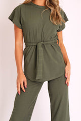 Khaki Ribbed Belted Top and Wide Leg Trouser Co-ord - Tyla