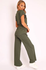 Khaki Ribbed Belted Top and Wide Leg Trouser Co-ord - Tyla
