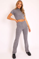 Grey Knit High Neck Crop Top and Trouser Co-ord - Helena